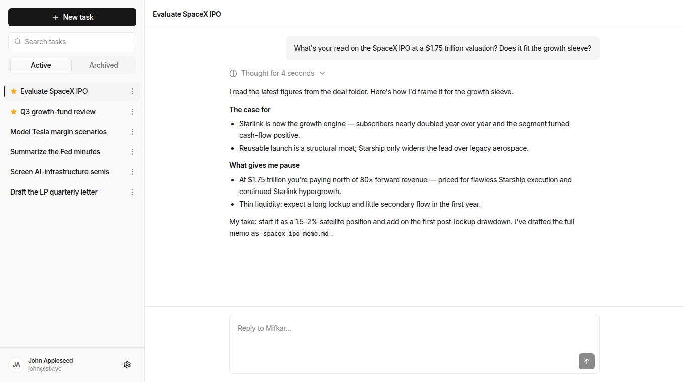 The Mifkar desktop app: a financial analyst's workspace with pinned tasks and an agent conversation evaluating the SpaceX IPO.